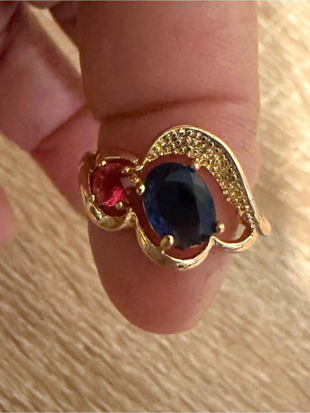 Gold-Tone Blue and Red Gemstone Ring - Elegant Women's Fashion Ring